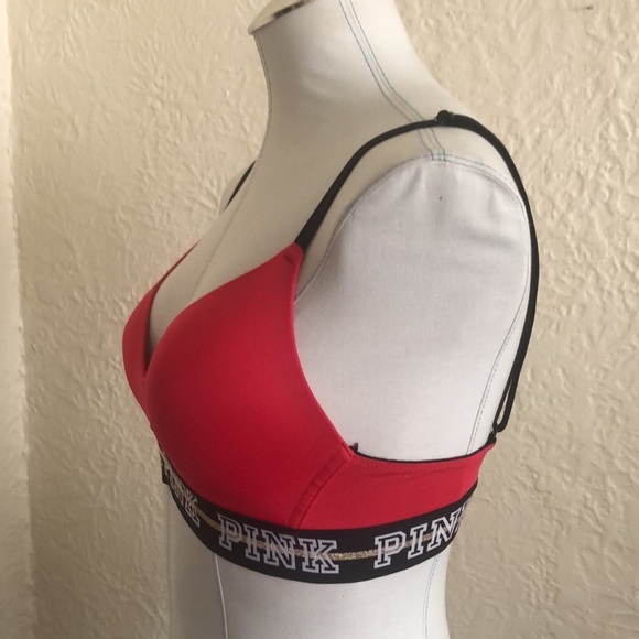 Victoria’s Secret Pink Wireless Lightly Lined Bra Red Black White Gold Logo Band - Picture 5 of 12